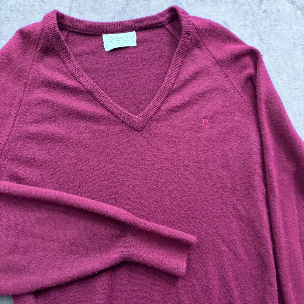 Vintage Christian Dior V-Neck Sweater Burgundy Orlon Acrylic Made in USA Mens L
